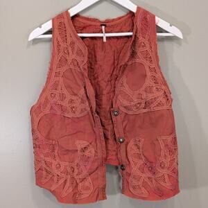 Free People Vest Crochet Lace Rustic Cottage Festival Bohemian Boho - Size M